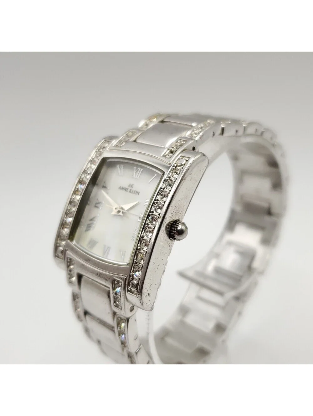 Anne Klein Watch Women 24mm New Battery Silver Tone Rhinestone Roman Numerals